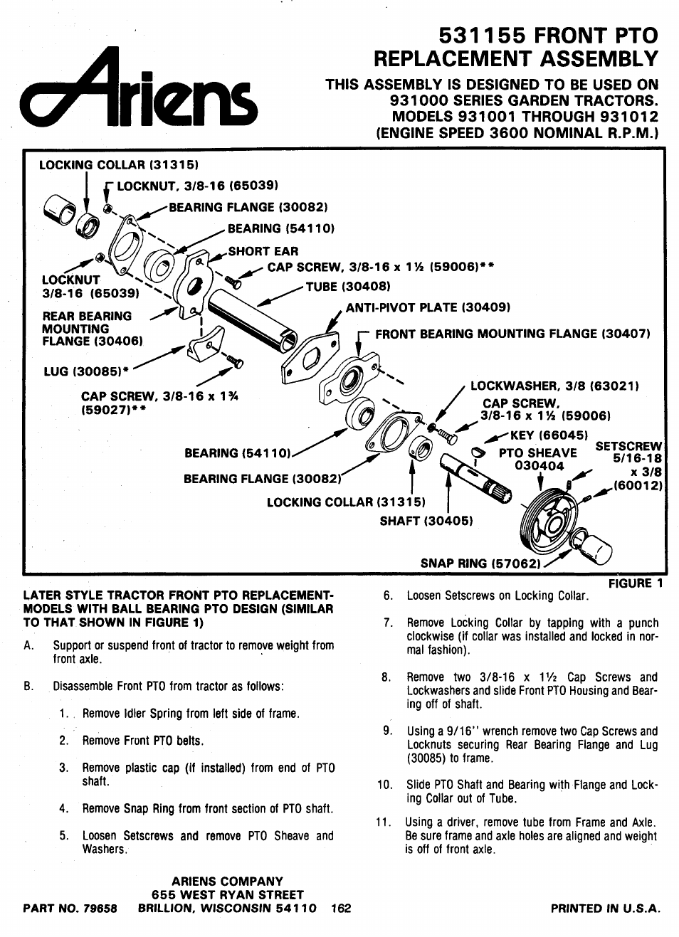 531155 front pto replacement assembly, Ct^'tens | Ariens 931 User Manual | Page 163 / 167