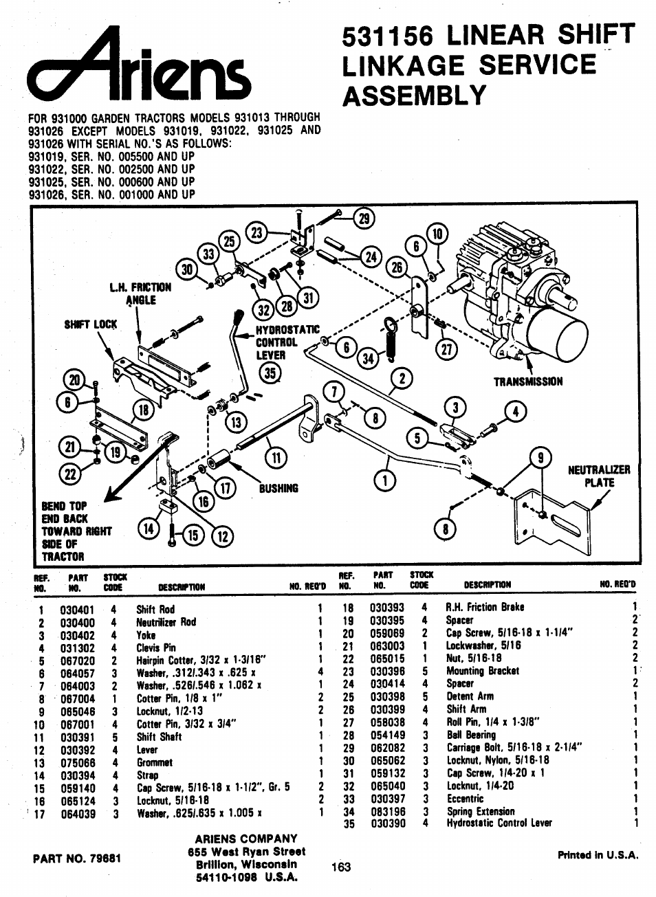 531156 linear shift linkage service assembly, T^riens | Ariens 931 User Manual | Page 164 / 167