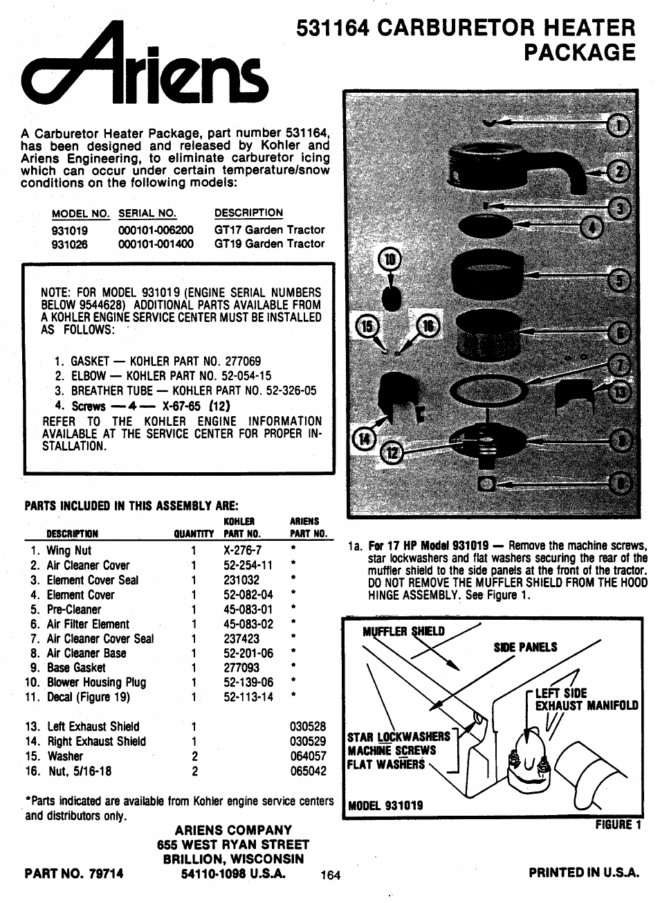 531164 carburetor heater, Package, Ct^riens | Ariens 931 User Manual | Page 165 / 167