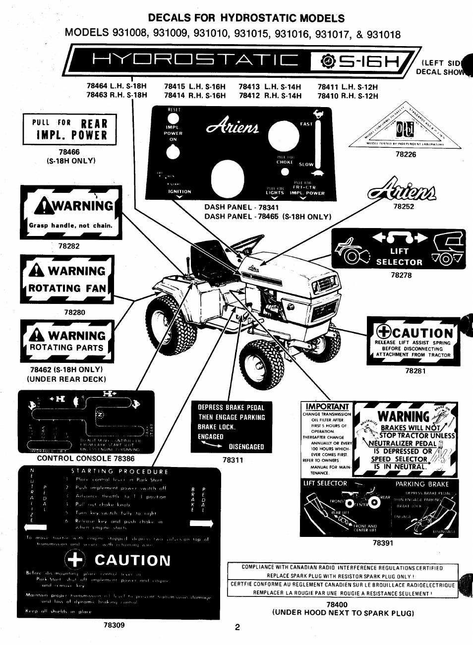 Decals for hydrostatic models, Warni, Cautioim | Ariens 931 User Manual | Page 3 / 167