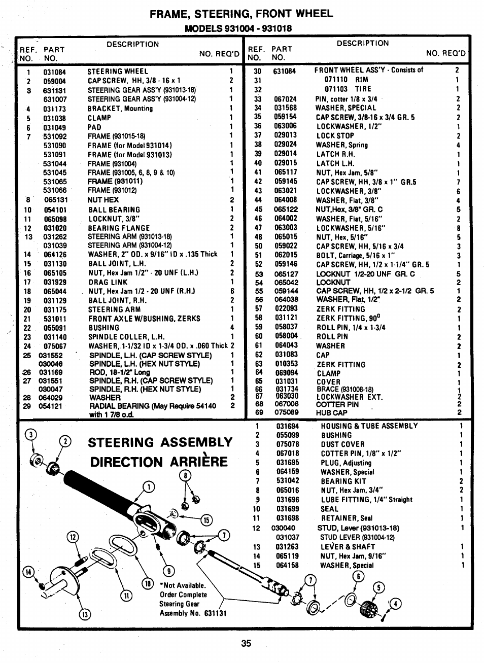 Frame, steering, front wheel, Models 931004 - 931018, Steering assembly direction arri^re | Ariens 931 User Manual | Page 36 / 167