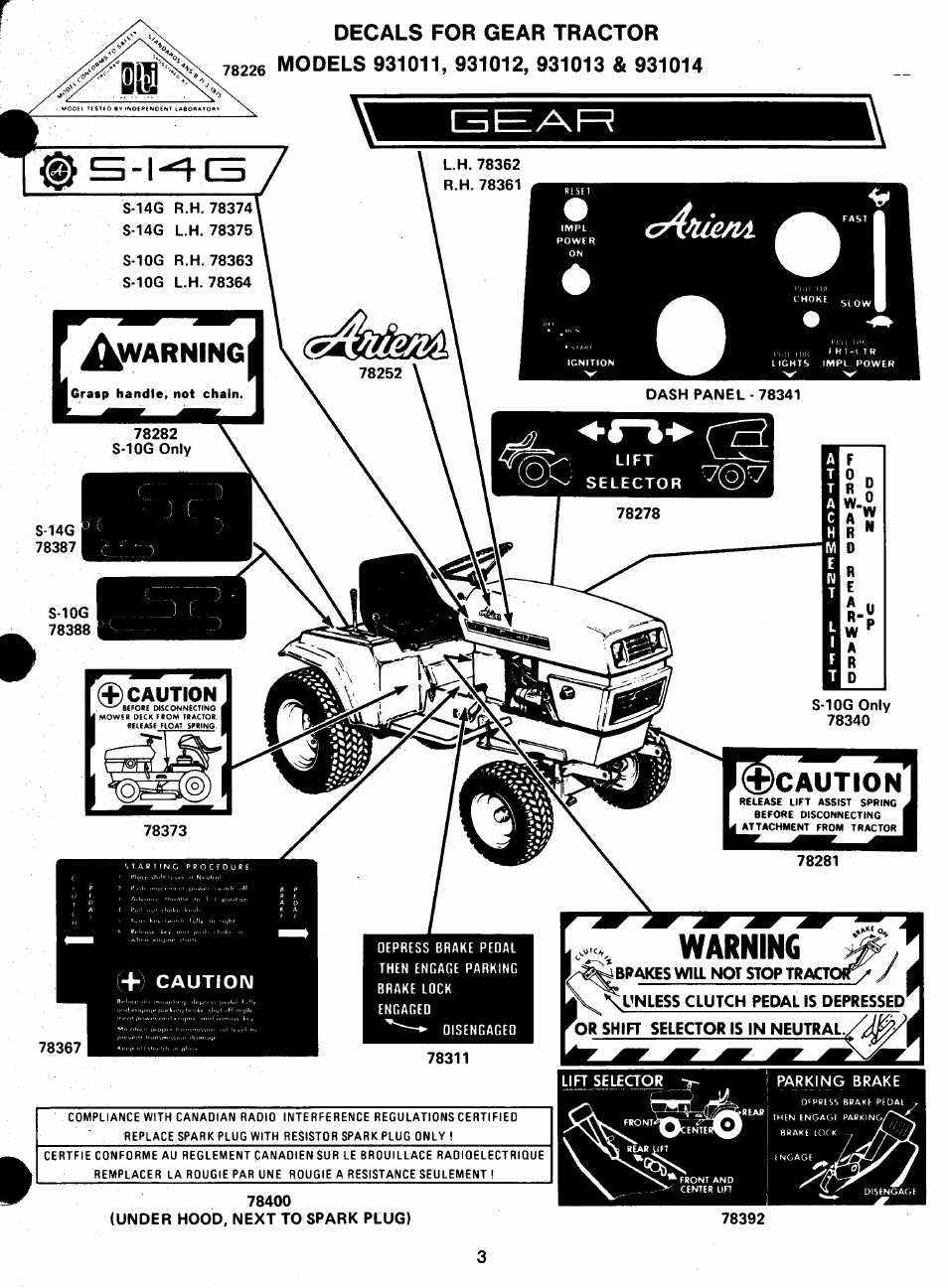 Decals for gear tractor | Ariens 931 User Manual | Page 4 / 167