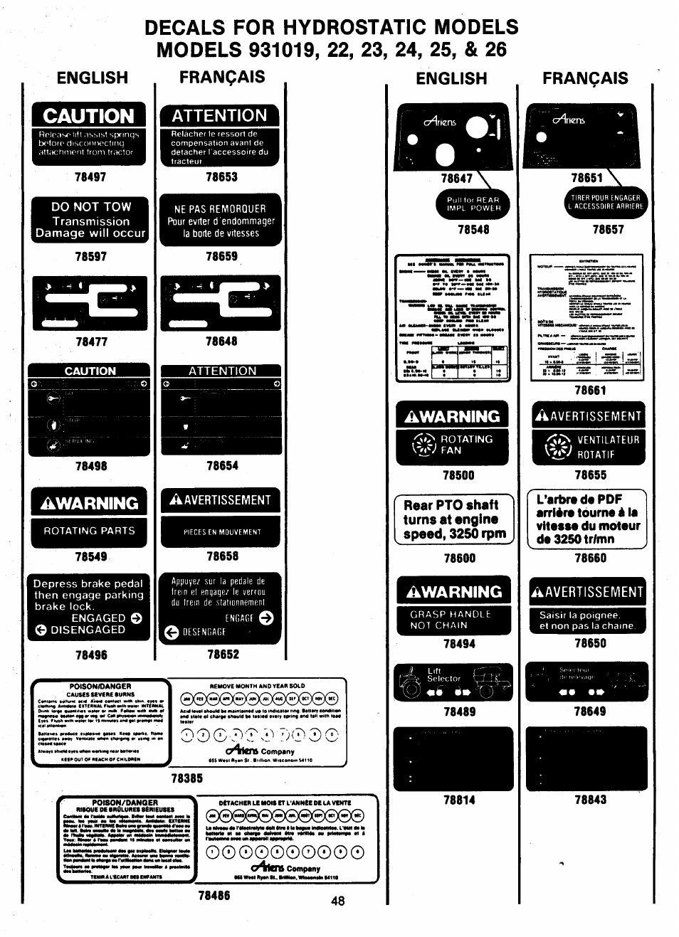 English, Awarning, Français | Attention, Avertissement, Warning, Oioioioioioioioio, Caution, Français attention, Rear pto shaft turns at engine speed, 3250 rpm | Ariens 931 User Manual | Page 49 / 167