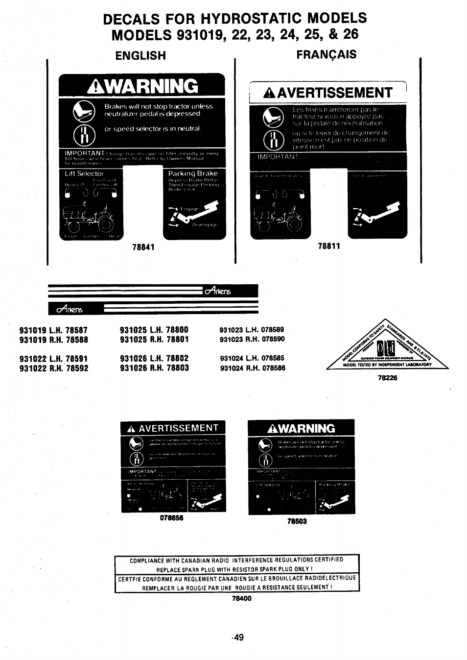 English français, A avertissement, 931019 lh. 78587 931019 r.h. 78588 | 931022 lh. 78591 931022 r.h. 78592, 931025 lh. 78800, 931026 lh. 78802 931026 r.h. 78803, Warning, Awarning | Ariens 931 User Manual | Page 50 / 167