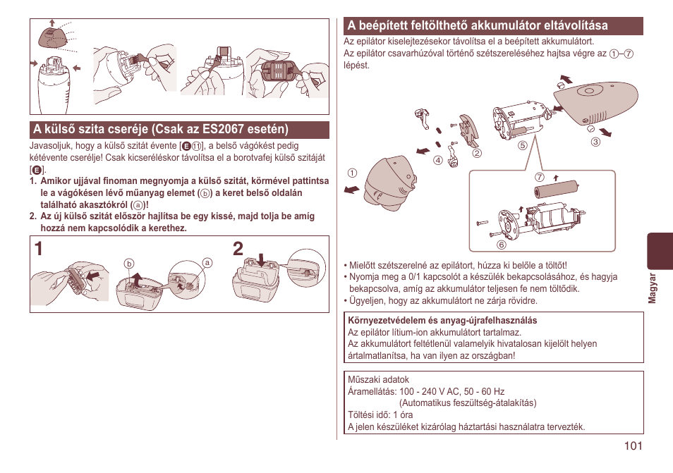 Akülsőszitacseréje(csakazes2067esetén), Abeépítettfeltölthetőakkumulátoreltávolítása | Panasonic ES2064 User Manual | Page 101 / 136