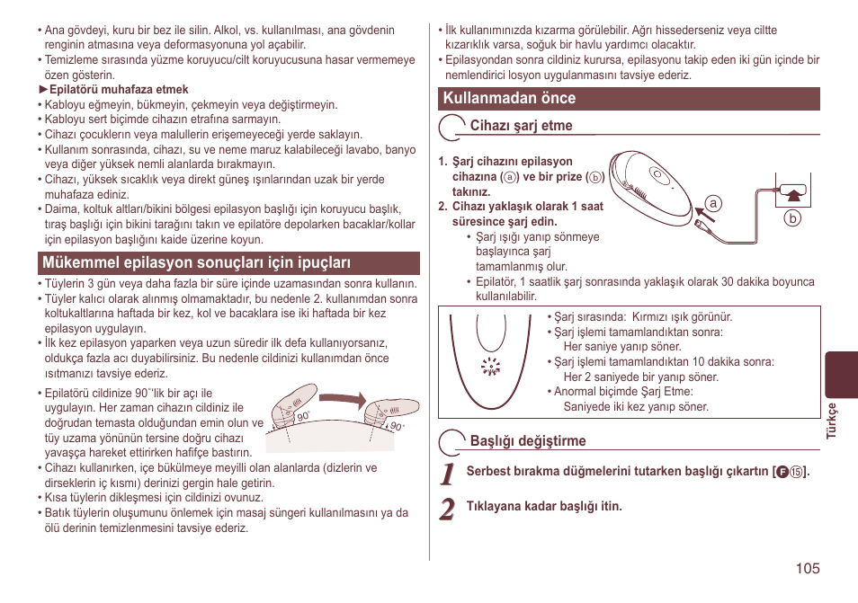 Mükemmelepilasyonsonuçlarıiçinipuçları, Kullanmadanönce | Panasonic ES2064 User Manual | Page 105 / 136