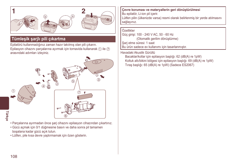 Tümleşikşarjlıpiliçıkartma | Panasonic ES2064 User Manual | Page 108 / 136