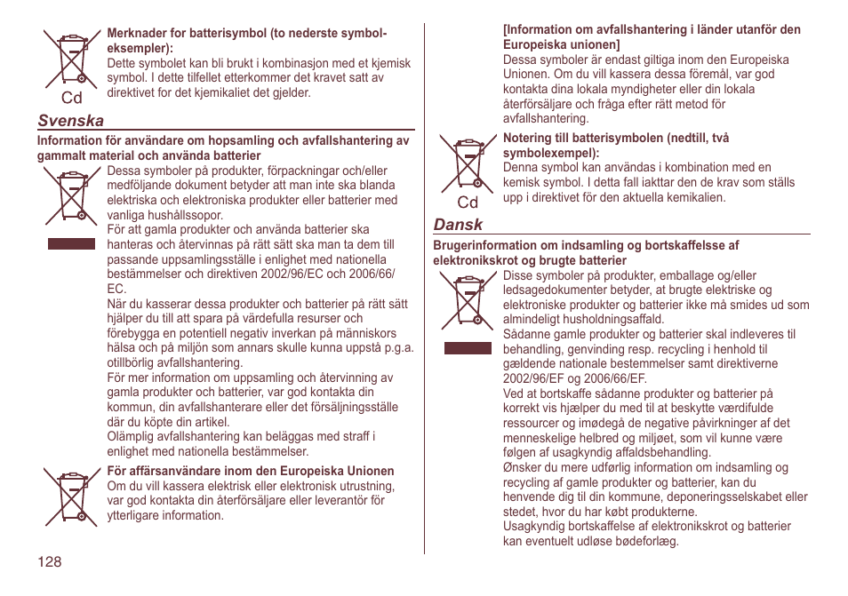 Svenska, Dansk | Panasonic ES2064 User Manual | Page 128 / 136