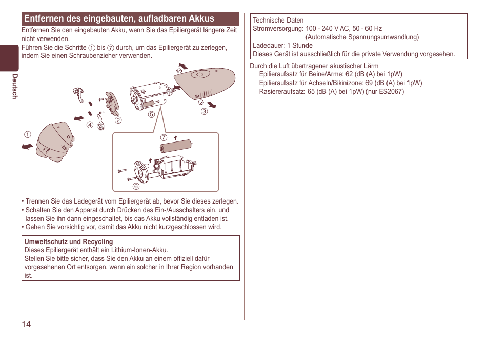 Entfernendeseingebauten,aufladbarenakkus | Panasonic ES2064 User Manual | Page 14 / 136