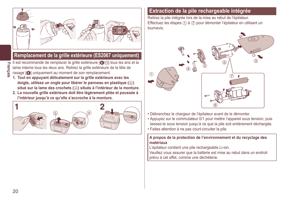 Extractiondelapilerechargeableintégrée | Panasonic ES2064 User Manual | Page 20 / 136