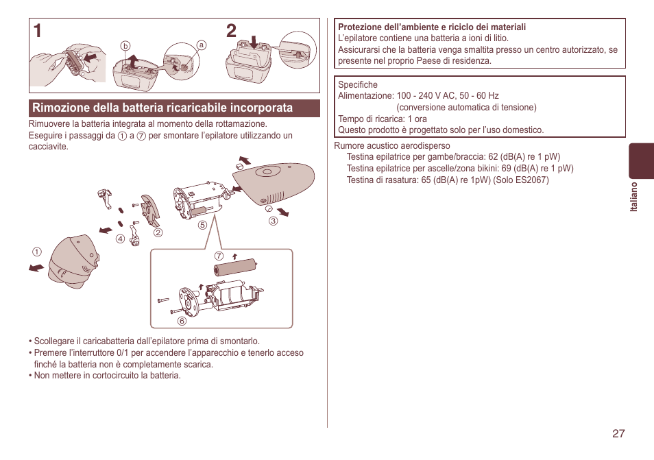 Rimozionedellabatteriaricaricabileincorporata | Panasonic ES2064 User Manual | Page 27 / 136