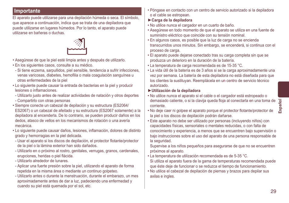 Importante | Panasonic ES2064 User Manual | Page 29 / 136