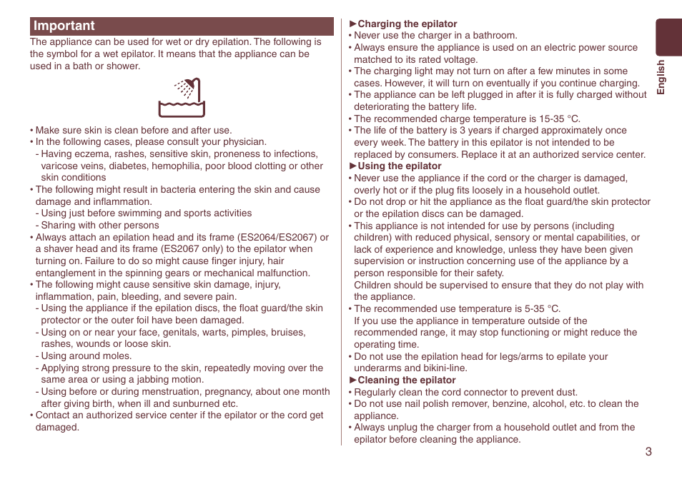 Important | Panasonic ES2064 User Manual | Page 3 / 136