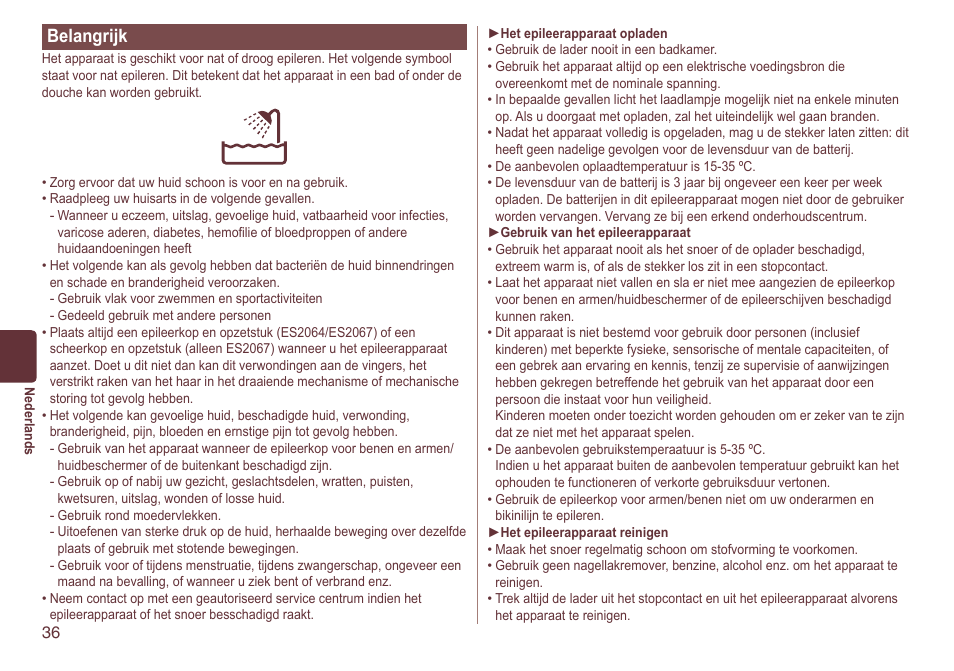 Belangrijk | Panasonic ES2064 User Manual | Page 36 / 136