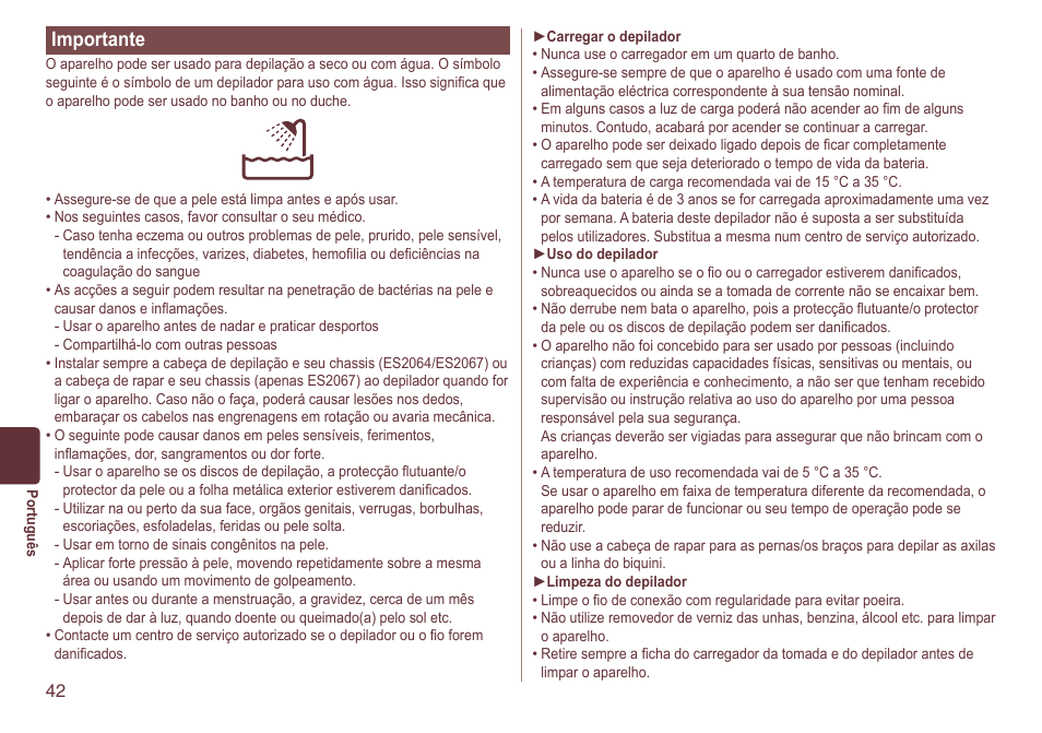 Importante | Panasonic ES2064 User Manual | Page 42 / 136