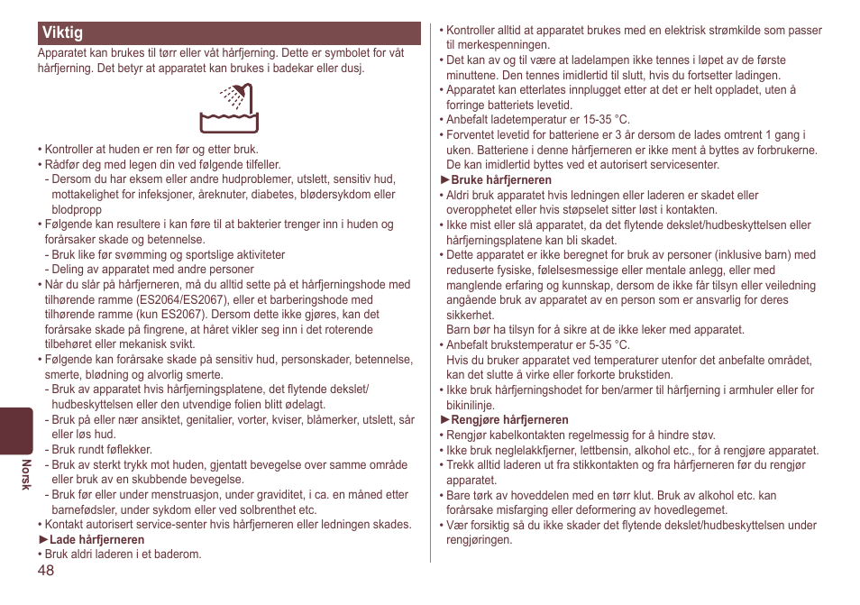 Viktig | Panasonic ES2064 User Manual | Page 48 / 136