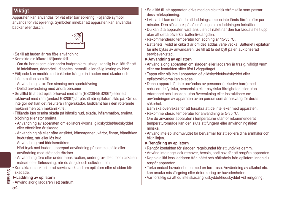 Viktigt | Panasonic ES2064 User Manual | Page 54 / 136