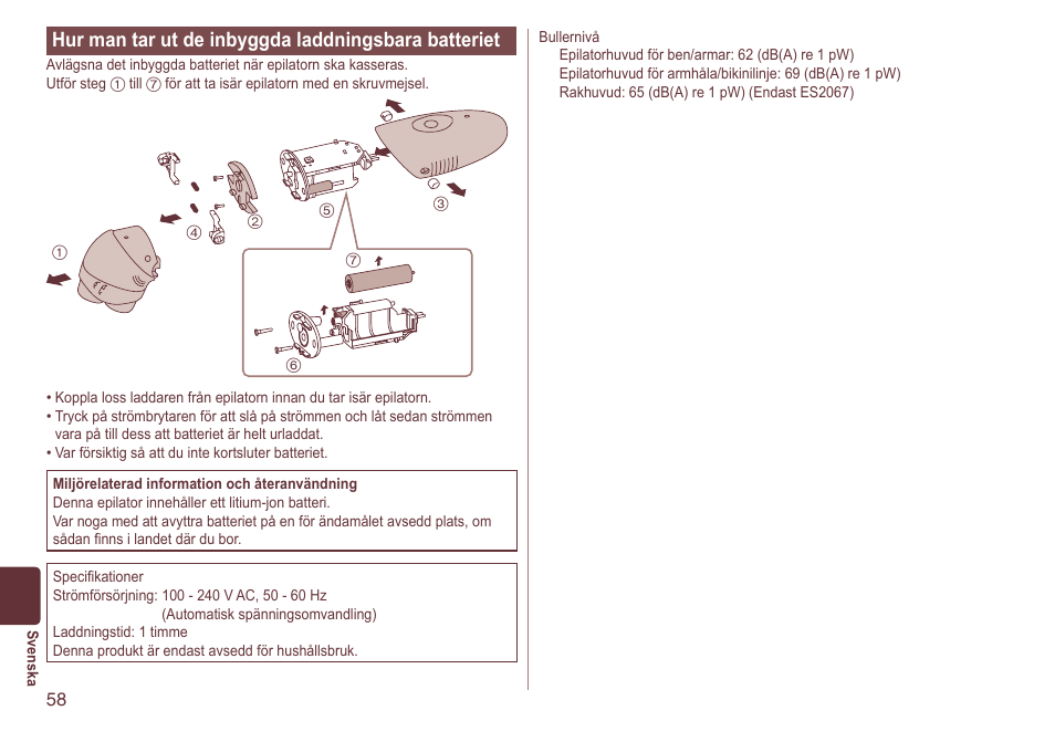 Hurmantarutdeinbyggdaladdningsbarabatteriet | Panasonic ES2064 User Manual | Page 58 / 136