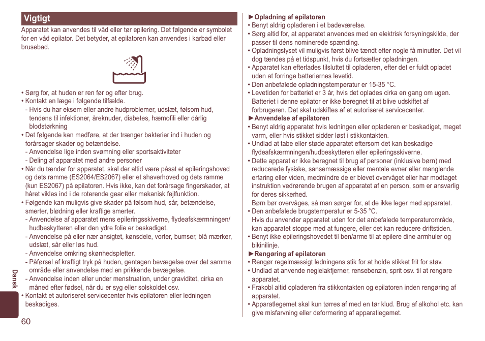 Vigtigt | Panasonic ES2064 User Manual | Page 60 / 136