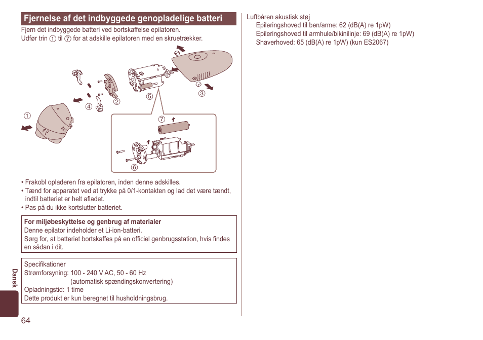 Fjernelseafdetindbyggedegenopladeligebatteri | Panasonic ES2064 User Manual | Page 64 / 136