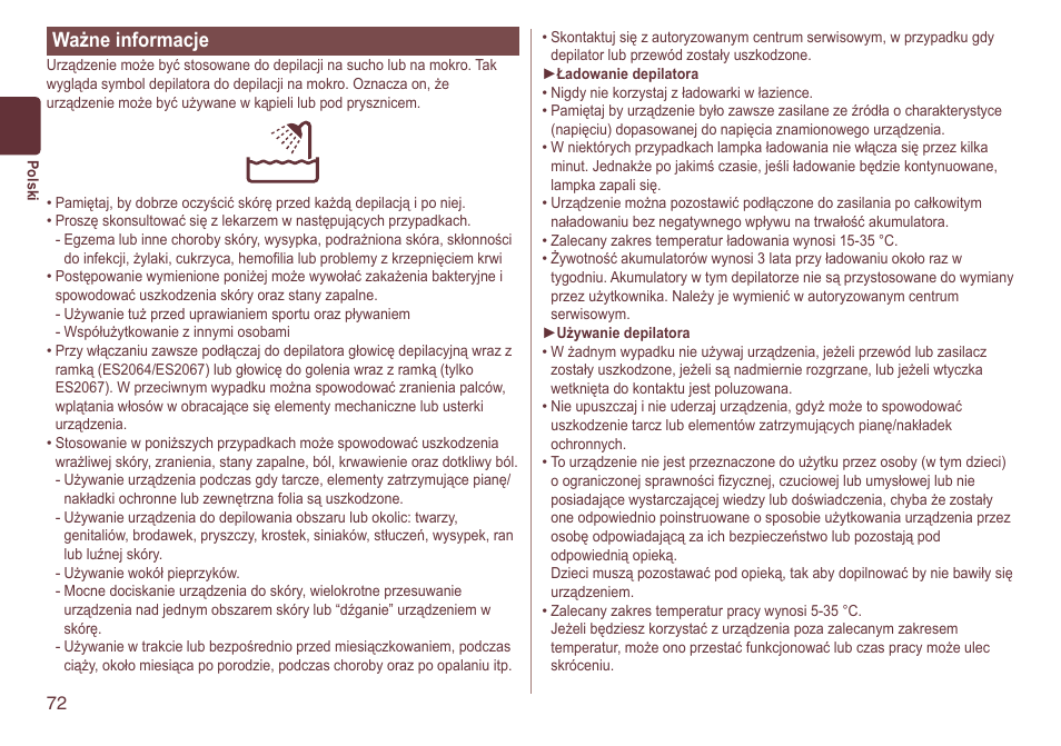 Ważneinformacje | Panasonic ES2064 User Manual | Page 72 / 136