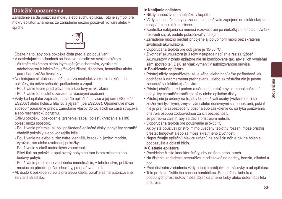 Dôležitéupozornenia | Panasonic ES2064 User Manual | Page 85 / 136