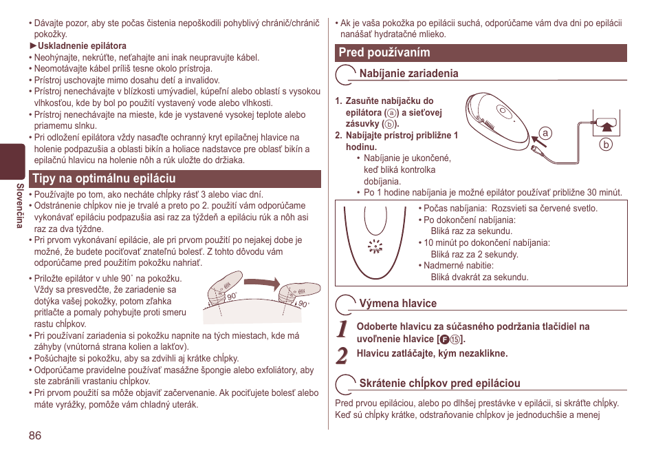 Tipynaoptimálnuepiláciu, Predpoužívaním | Panasonic ES2064 User Manual | Page 86 / 136