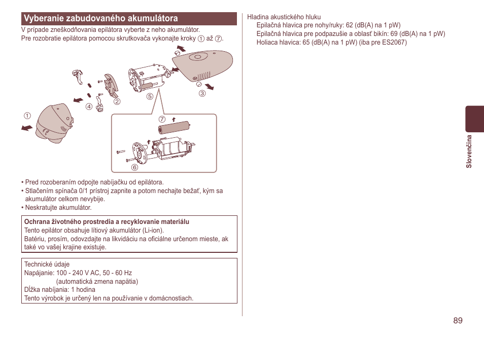 Vyberaniezabudovanéhoakumulátora | Panasonic ES2064 User Manual | Page 89 / 136