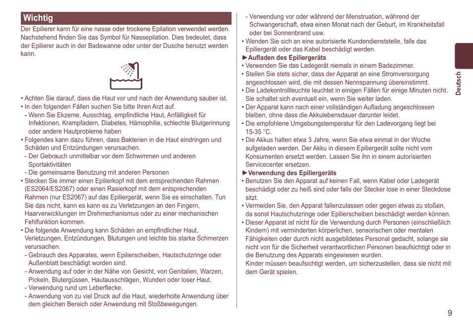 Wichtig | Panasonic ES2064 User Manual | Page 9 / 136