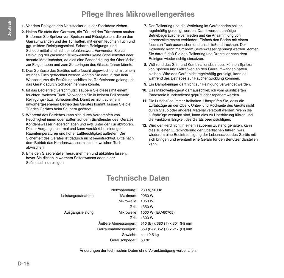 Pflege ihres mikrowellengerätes technische daten, D-16 | Panasonic NNGD559WWPG User Manual | Page 54 / 131