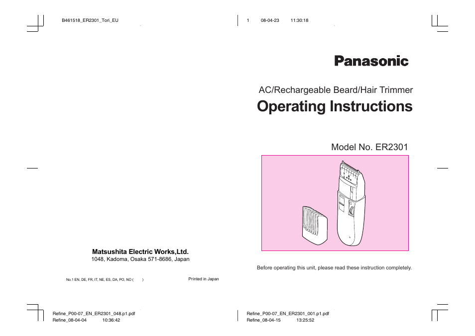 Panasonic ER2301 User Manual | 24 pages