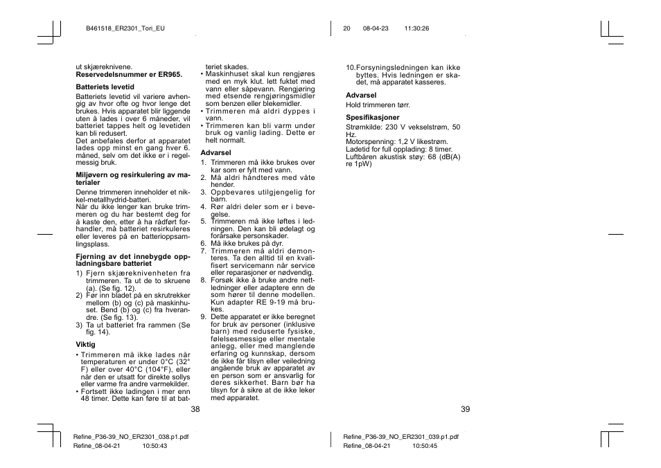 Panasonic ER2301 User Manual | Page 20 / 24
