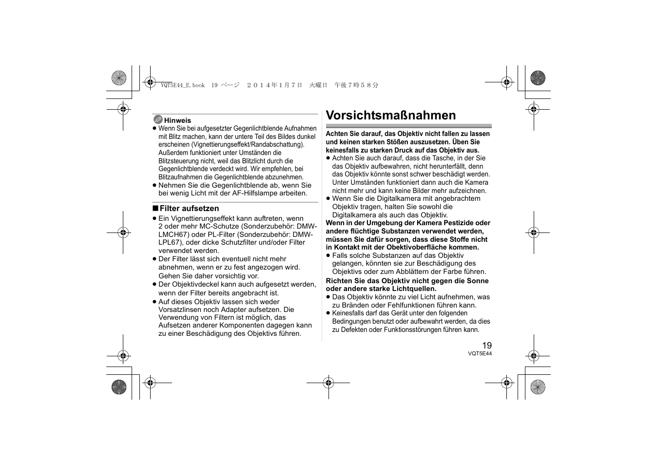 Vorsichtsmaßnahmen | Panasonic HNS043E User Manual | Page 19 / 72