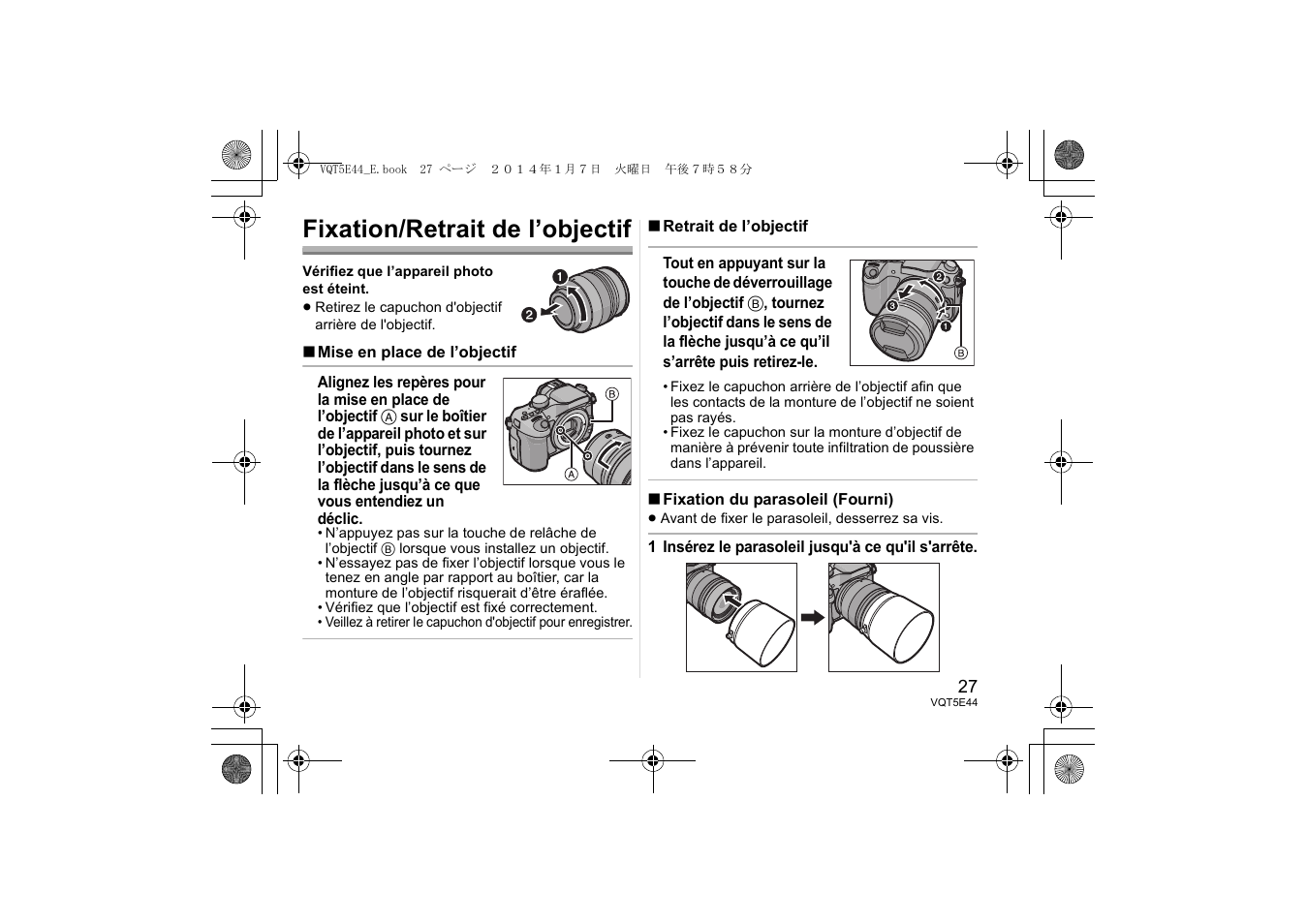 Fixation/retrait de l’objectif | Panasonic HNS043E User Manual | Page 27 / 72