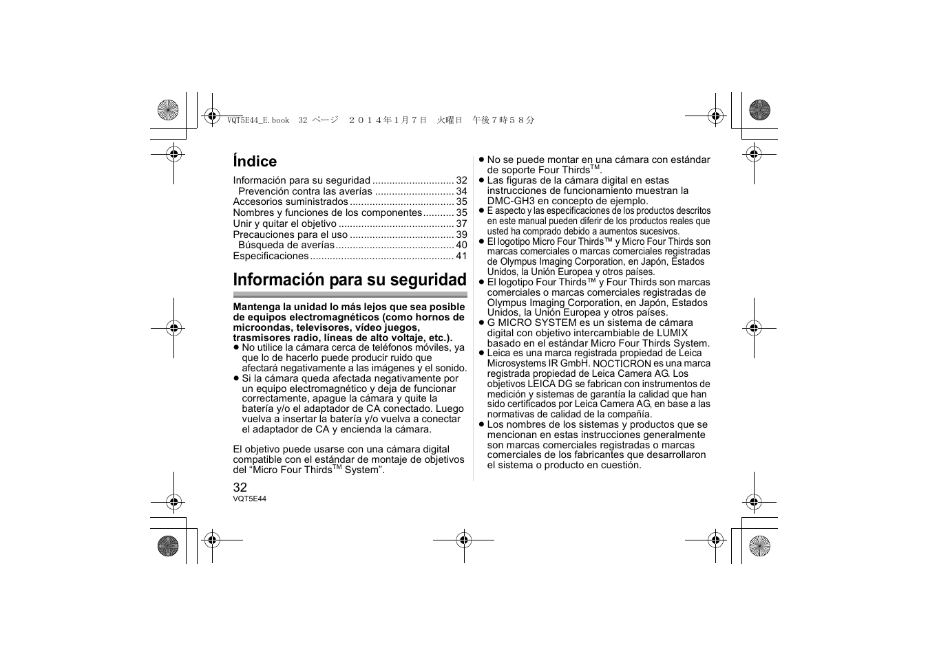 Información para su seguridad, Índice | Panasonic HNS043E User Manual | Page 32 / 72