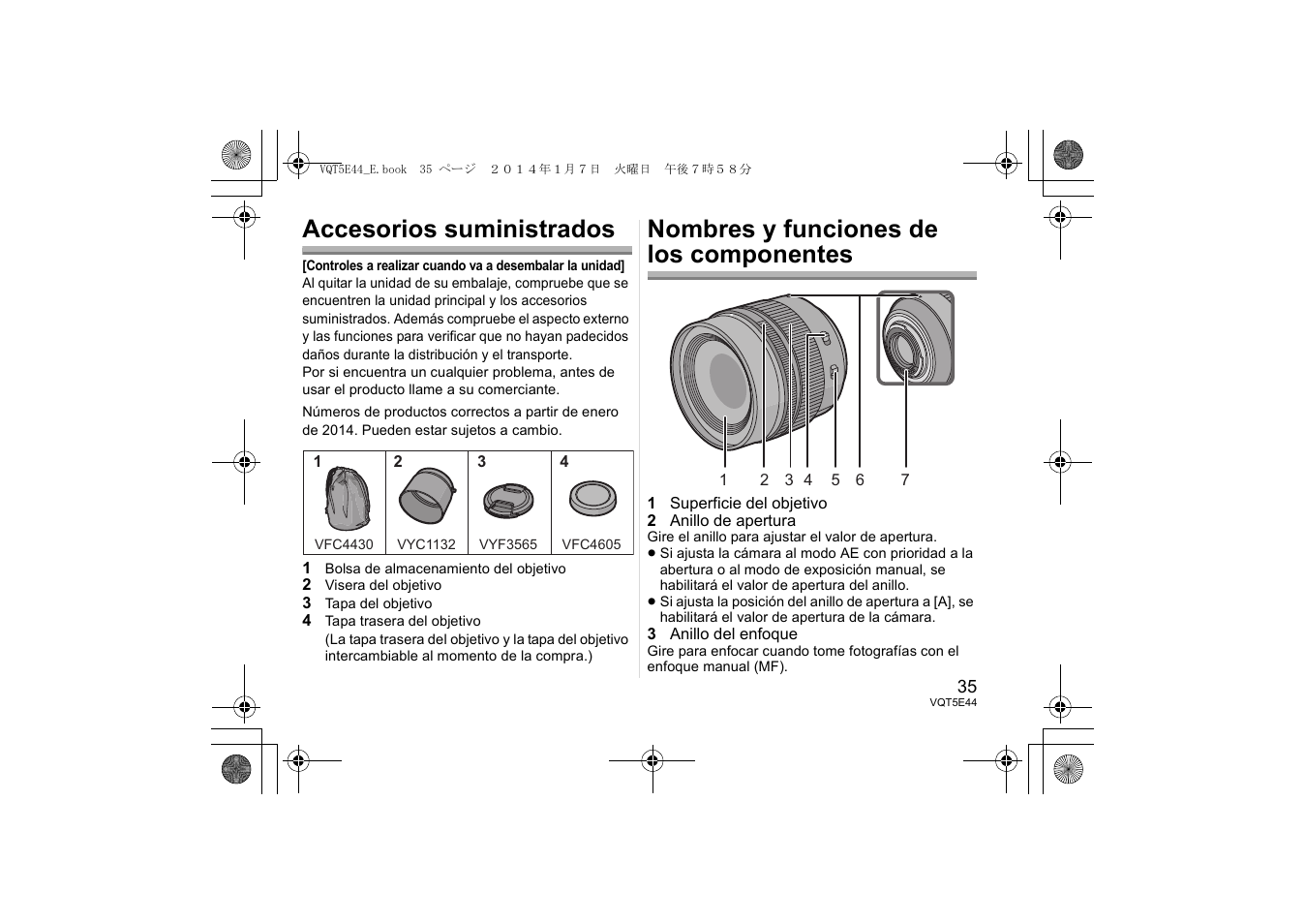 Accesorios suministrados, Nombres y funciones de los componentes | Panasonic HNS043E User Manual | Page 35 / 72