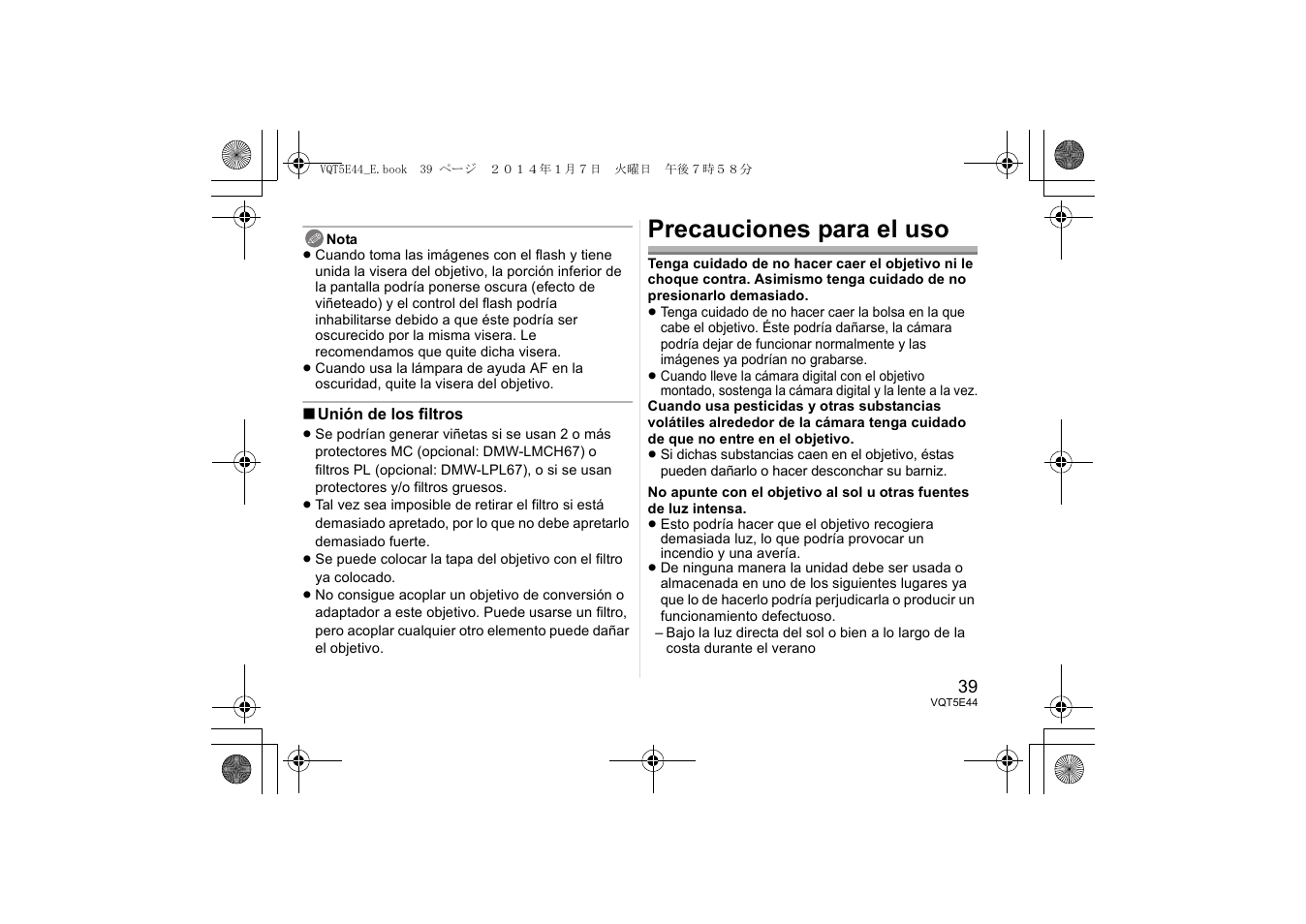 Precauciones para el uso | Panasonic HNS043E User Manual | Page 39 / 72