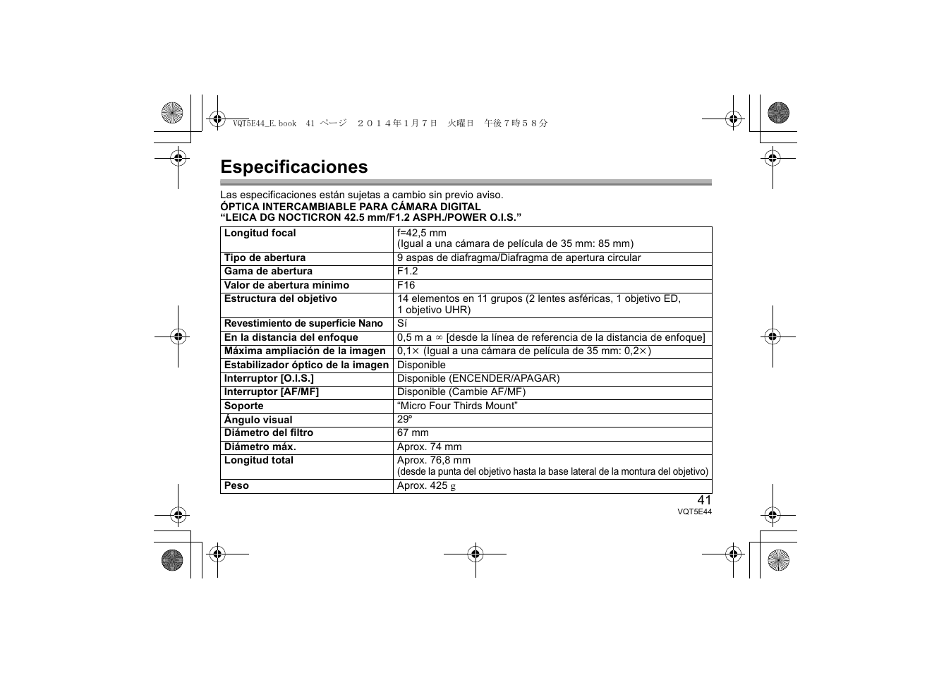 Especificaciones | Panasonic HNS043E User Manual | Page 41 / 72