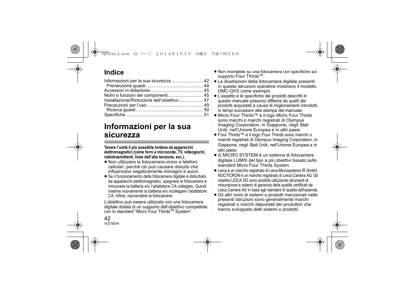 Informazioni per la sua sicurezza, Indice | Panasonic HNS043E User Manual | Page 42 / 72