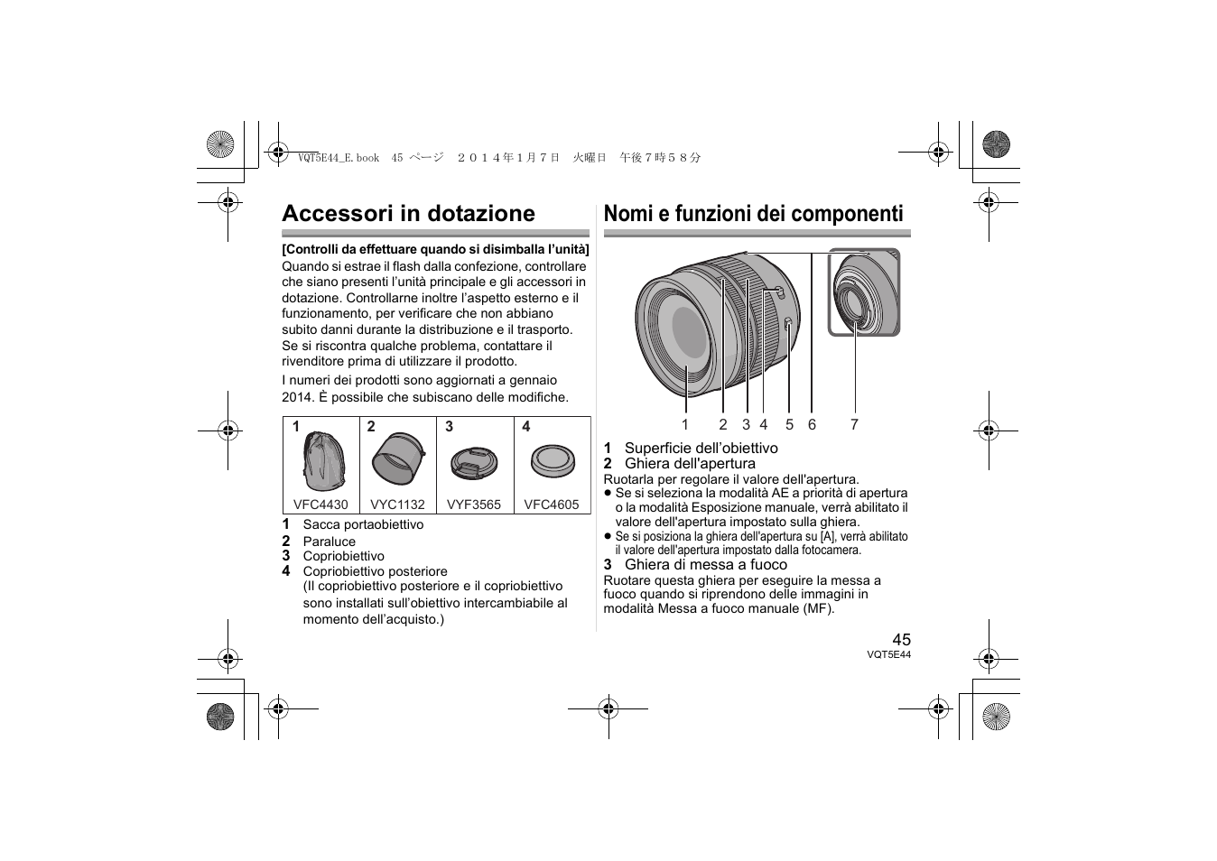 Accessori in dotazione, Nomi e funzioni dei componenti | Panasonic HNS043E User Manual | Page 45 / 72