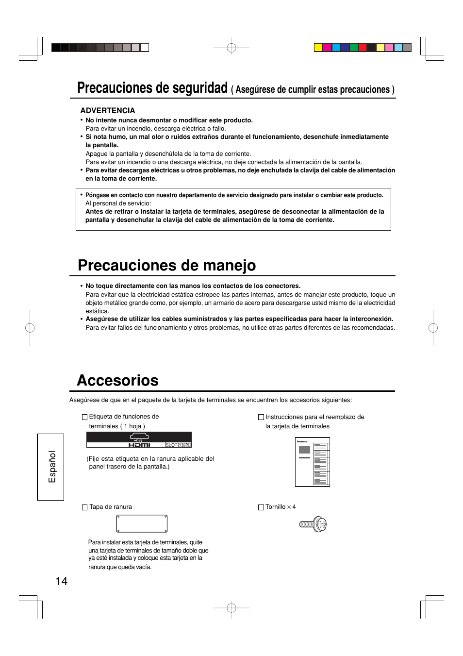 Precauciones de seguridad, Accesorios, Precauciones de manejo | Asegúrese de cumplir estas precauciones ) | Panasonic TYFB8HM User Manual | Page 14 / 20