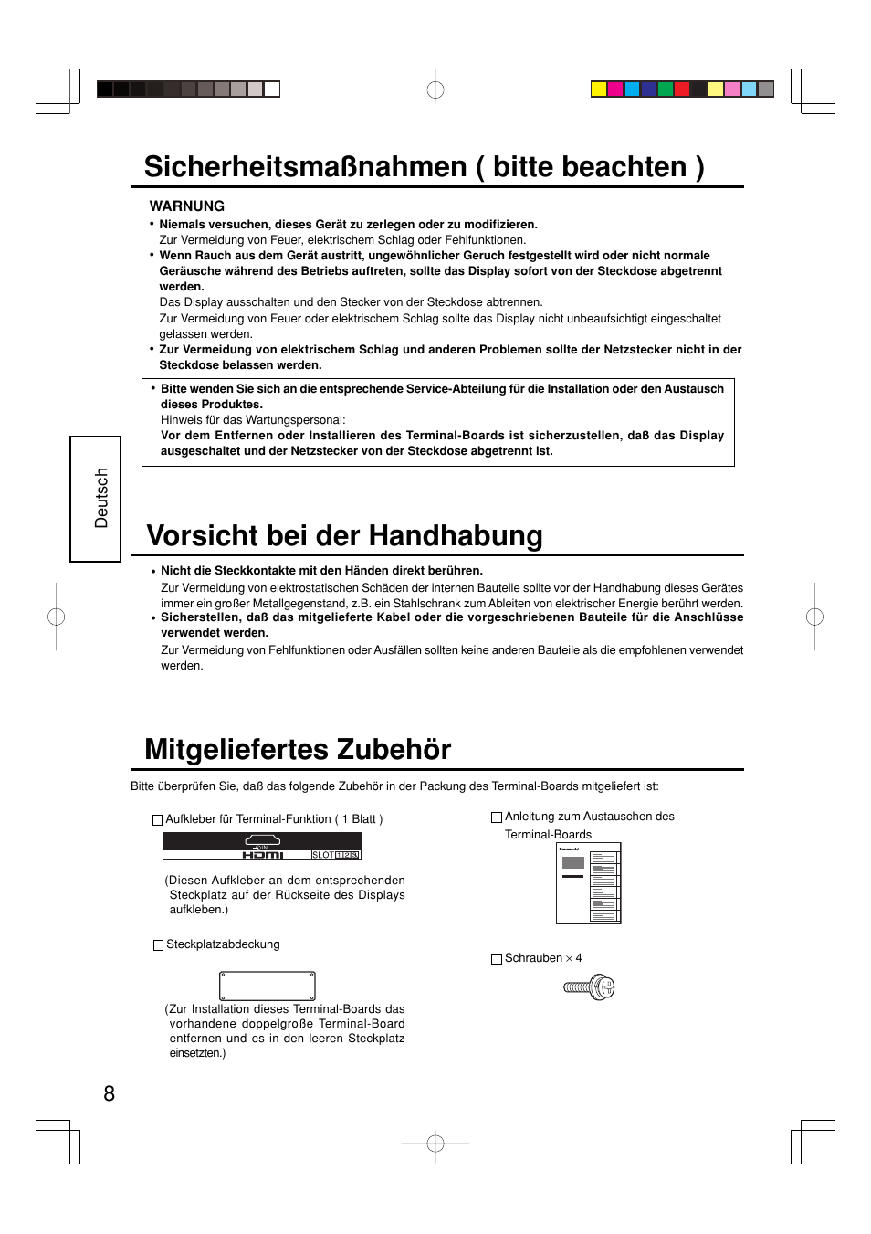 Sicherheitsmaßnahmen ( bitte beachten ), Mitgeliefertes zubehör, Vorsicht bei der handhabung | Panasonic TYFB8HM User Manual | Page 8 / 20