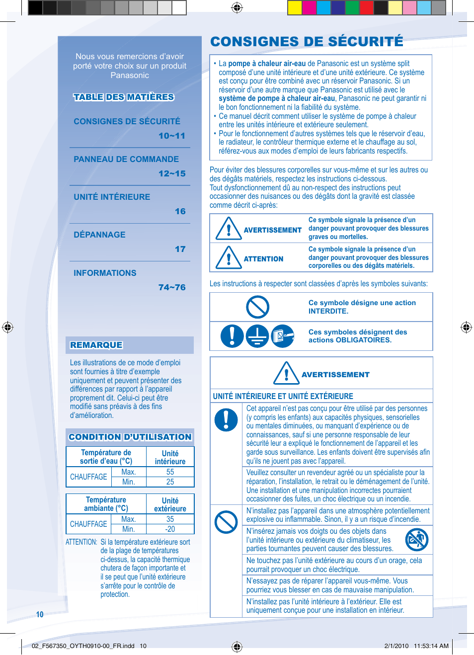 Consignes de sécurité | Panasonic WHUD09CE5 User Manual | Page 10 / 76