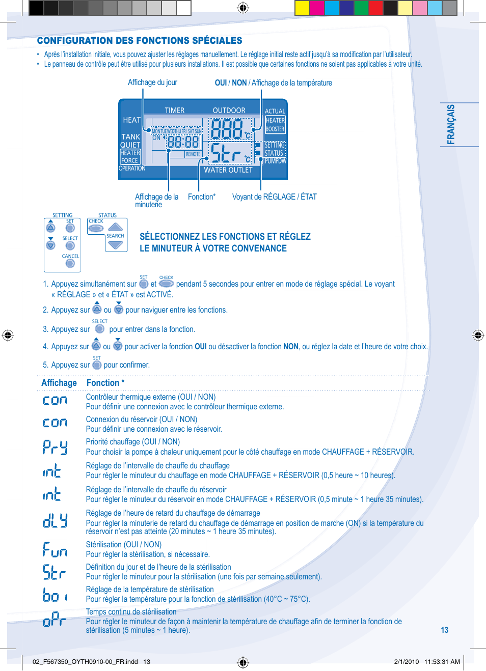 Français, Configuration des fonctions spéciales, Affi chage fonction | Panasonic WHUD09CE5 User Manual | Page 13 / 76