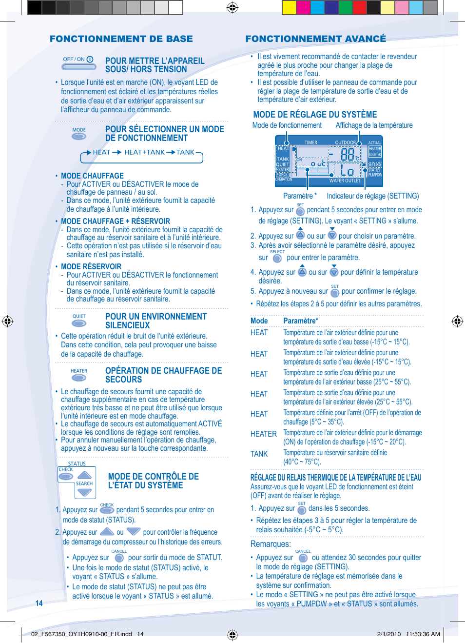 Fonctionnement de base, Pour mettre l’appareil sous/ hors tension, Pour sélectionner un mode de fonctionnement | Pour un environnement silencieux, Opération de chauffage de secours, Mode de contrôle de l’état du système, Mode de réglage du système, Remarques, Fonctionnement avancé | Panasonic WHUD09CE5 User Manual | Page 14 / 76