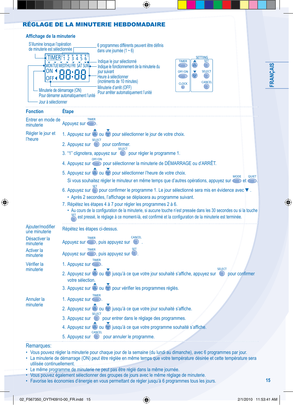 Français, Réglage de la minuterie hebdomadaire remarques | Panasonic WHUD09CE5 User Manual | Page 15 / 76