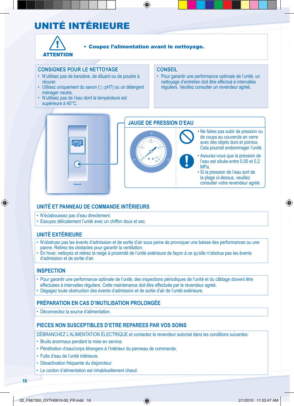 Unité intérieure | Panasonic WHUD09CE5 User Manual | Page 16 / 76