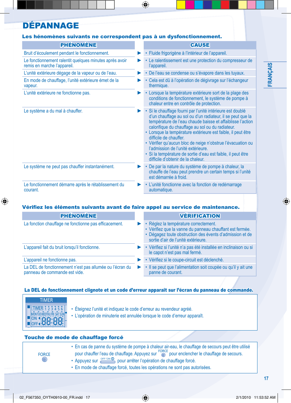 Dépannage | Panasonic WHUD09CE5 User Manual | Page 17 / 76