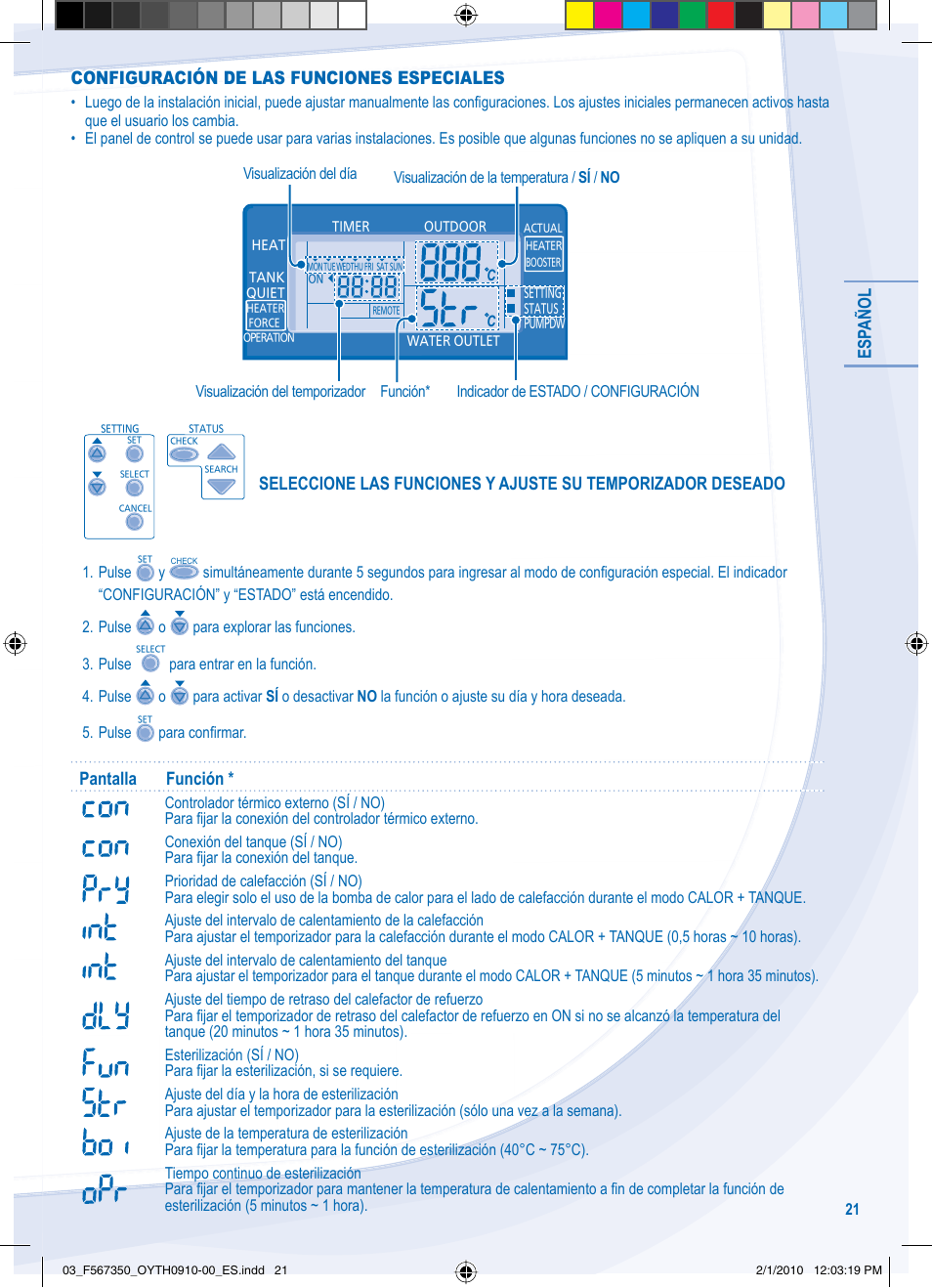 Pantalla función | Panasonic WHUD09CE5 User Manual | Page 21 / 76