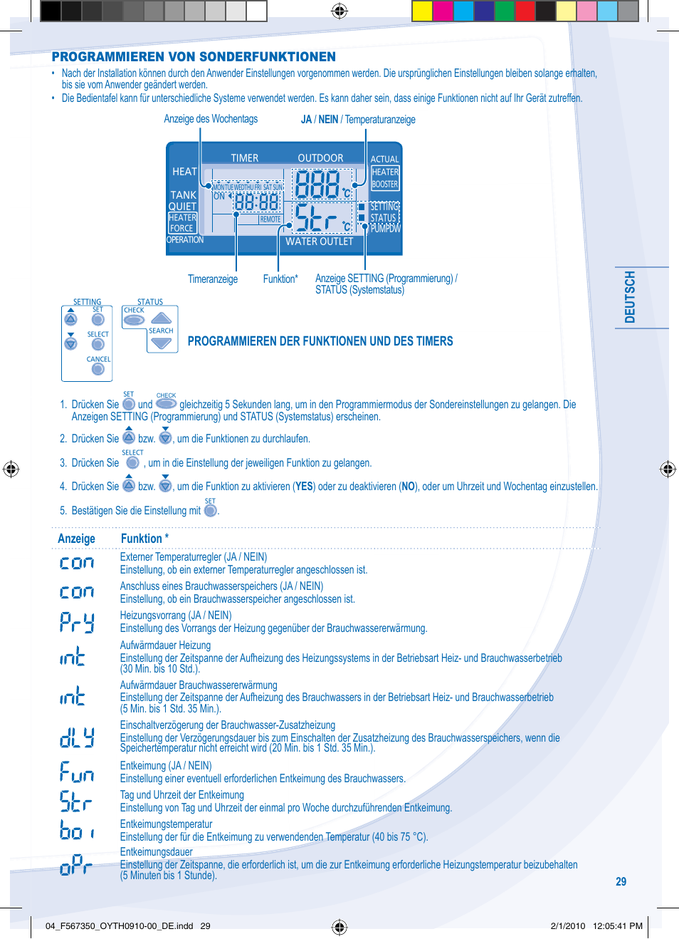 Deutsch, Programmieren von sonderfunktionen, Programmieren der funktionen und des timers | Anzeige funktion | Panasonic WHUD09CE5 User Manual | Page 29 / 76